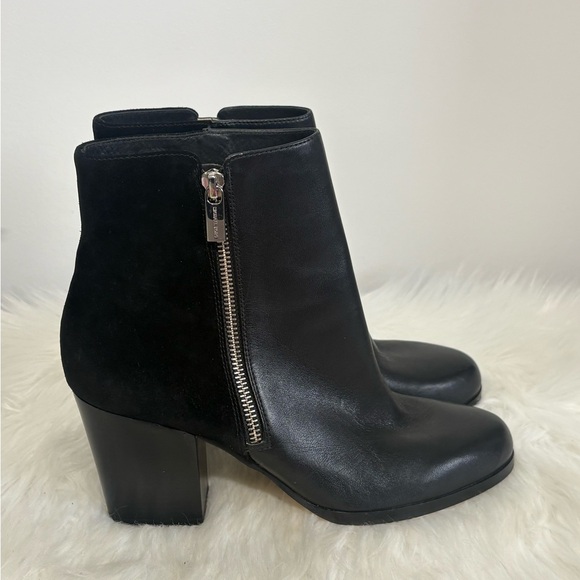 Michael Kors Black Leather & Suede Block Heel Ankle Boots with Side Zip - Picture 3 of 9
